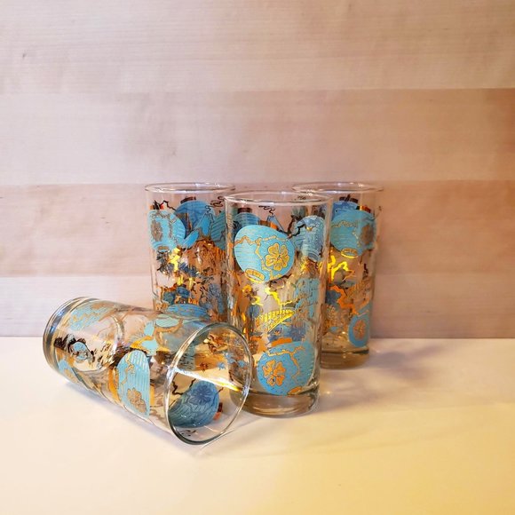 Set of 4 Vtg Dominion MCM Highball Tumbler Asian Turquoise Gold Drinking Glasses - Picture 1 of 15